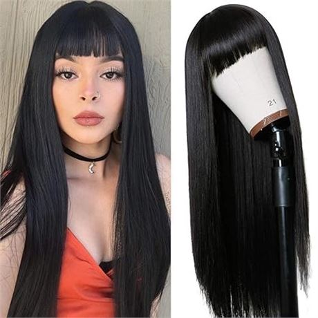24" - TIMANZO Long Straight Remy Hair Wigs Natural Black Heat Resistant Fiber