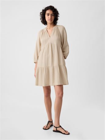 Large- Gap Crinkle Gauze Tiered Mini Dress Beige