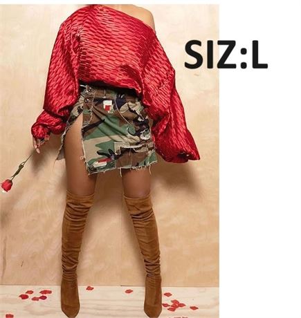 SIZ:L Women's Sexy Mini Skirts Camo Cargo Distressed Ripped Short Length