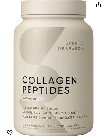 Sports Research Collagen Peptides - Hydrolyzed Type 1 & 3 Collagen Powder Protei