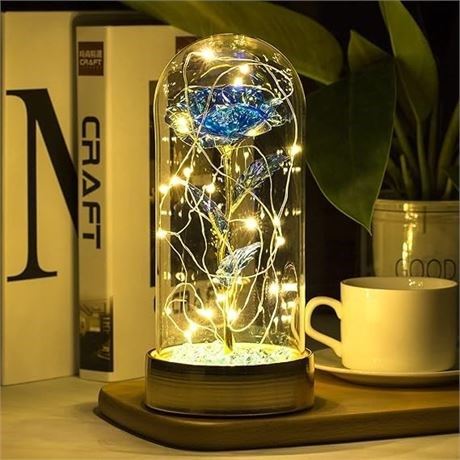 Gold Foil Rose and Led Light in Glass Dome (BLUE)