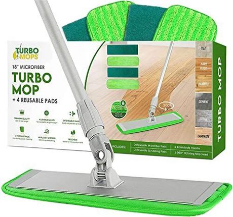 Turbo Microfiber Mop Floor Cleaning System - 18-inch Dust Mop with 4 Reusable Pa