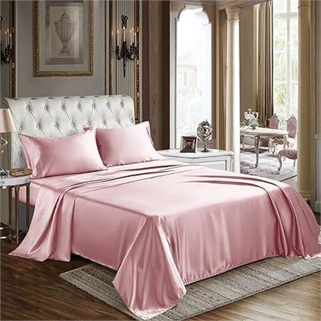 Queen SizeCozy Lux Satin Sheets  - 4 Piece Pink Bed Sheet Set with Silky Mic...