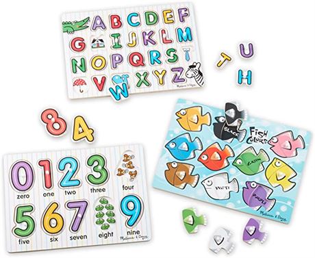 Melissa & Doug Classic Wooden Peg Puzzles (Set of 3) - Numbers, Alphabet, and Co