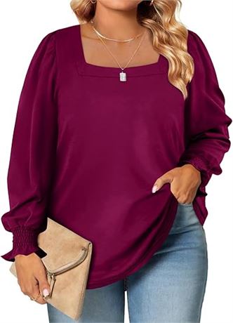 2X - Eytino Womens Plus Size Tops Casual Summer Square Neck Puff Sleeve