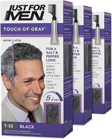 Just For Men Touch Of Gray, Black, 1 Application (Pack of 3), SHADE T55