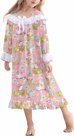 Girl Nightgowns Lace Print Sleepwear Lightweight Nightdress, Girls Medium