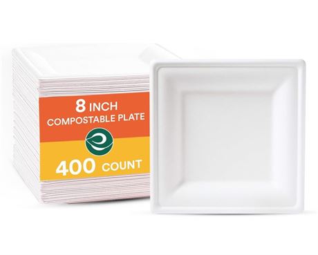 ECO SOUL Pearl White 8 Inch Square [400-Pack] Paper Plates (PFAS free) | 100% Co