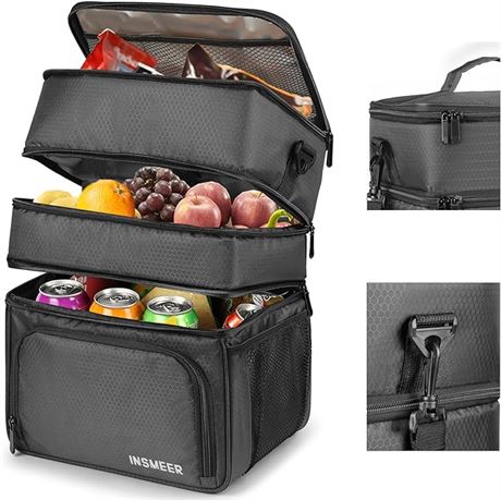 INSMEER 3 Compartments Lunch Box, 20L Large Lunch Box, Insulated