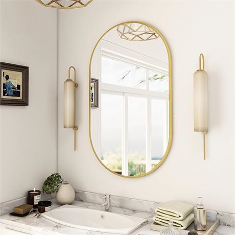20"x36" - BEAUTYPEAK Wall Mounted Mirror, Oval Bathroom Mirror, Gold Vanity Wall