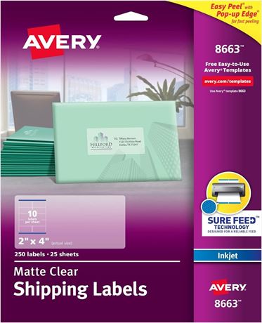 Avery Ink Jet Clear Address Labels, 2" x 4", 250 per Pack (8663)