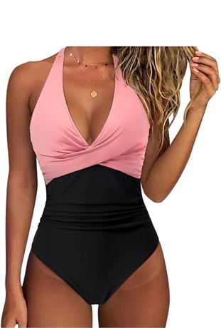 SIZE:L, SUUKSESS Women Sexy Tummy Control One Piece Swimsuits Halter Push Up Bat