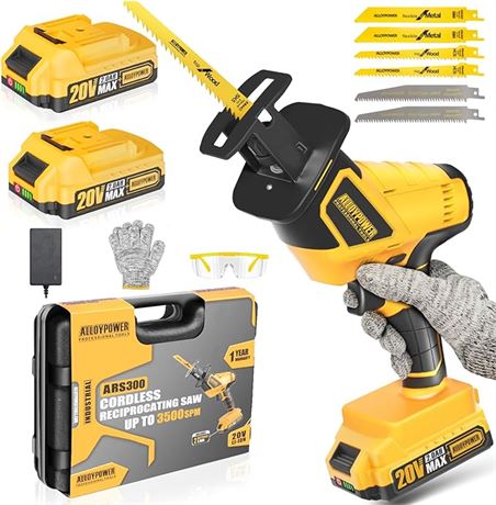 ALLOY POWER 20V Cordless Reciprocating Saw, 0-3500 SPM, with 2 Packs Batteries