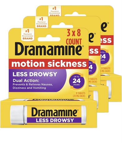 Dramamine All Day Less Drowsy, Motion Sickness Relief, 8 Count, 3 Pack