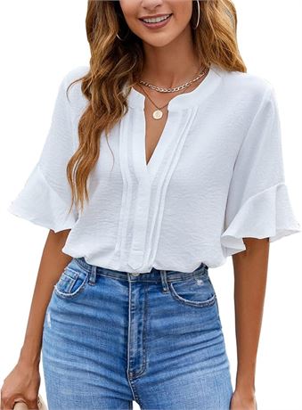 M, BMJL Womens White Blouses Chiffon Ruffle Short Sleeve V Neck Business Casual Tops Summer Cute Shirt