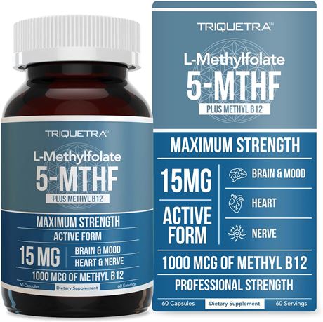L Methyl Folate 15mg plus Methyl B12 Cofactor - Professional Strength, Active 5-