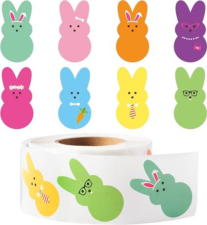 600pcs Bunny Peeps Sticker Roll, 8 Colors Bunny-Shaped Cartoon Cute Stickers Self-Adhesive Decorative Decal Novelty Bunny Party Supplies for Kids