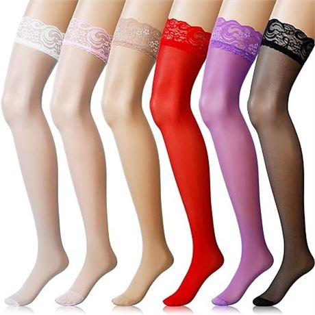 Boao 6 Pairs Women Thigh High Stockings Silicone Lace Top Pantyhose for Women