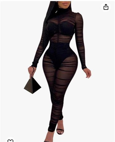 Uni Clau Women One Piece Outfits Mesh Sheer Bodycon Jumpsuit Long Sleeve See Thr