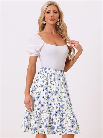 XL - Allegra K Women's Ruffle Hem Flowy Tiered A-Line Floral Midi Skirt