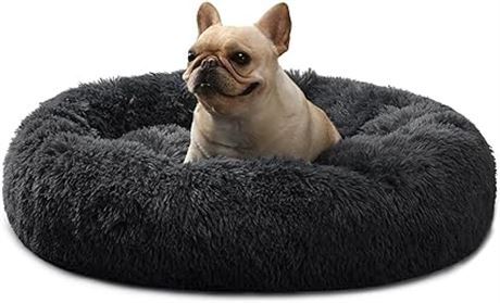 Calming Fluffy Faux Fur Dog Bed, Soft Round Donut Cuddler Pet Be...