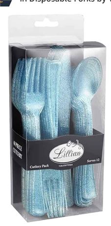 Premium Blue Glitter Plastic Cutlery Set (Pack of 48) - Disposable Flatware Set,