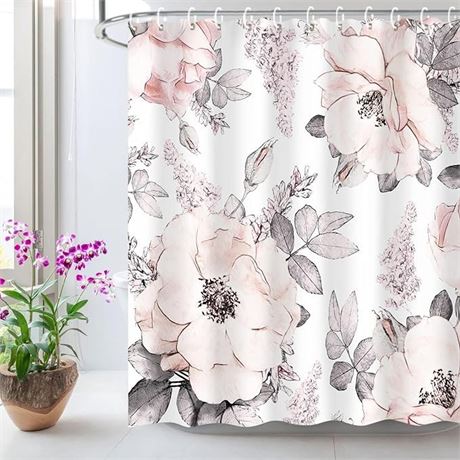 LIVILAN Pink Gray Flower Shower Curtain, Watercolor Floral 72" W x 72" H