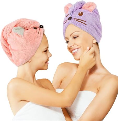 2 Pack - Whaline Parent-Child Quick Dry Hair Towel Cute Mouse Hair Towel Wrap Pu
