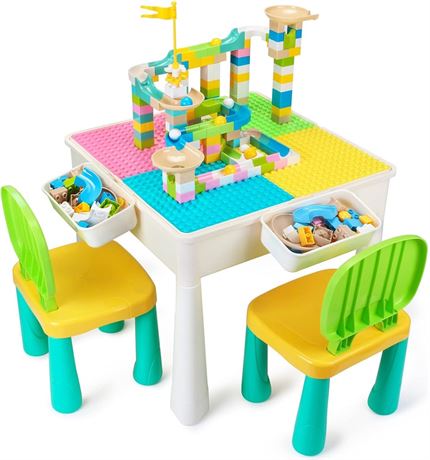 Kids Table and Chairs Set with 100PCS Blocks, Toddler Table All-in-One Multi Act