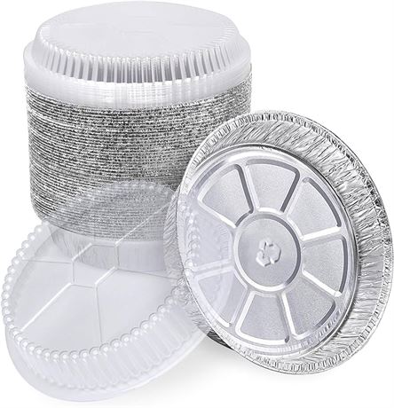 Fit Meal Prep 45 Pack 9” Round Aluminum Foil Pans with Clear Dome Lids, Pie Tins Disposable 9 inch with Lids, Take Out Containers, Freezer Oven Safe Aluminum Baking Pans for Storing, Cooking, Storage