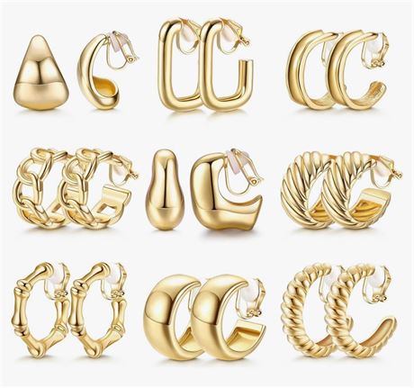 THUNARAZ Gold Clip on Earrings 14K Gold Plated Chunky Hoop Clip Earrings Trendy