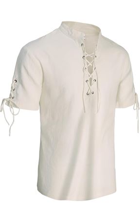 Size 3XL, Men's Linen lace up V-Neck Short Sleeve Vintage Pirate Renaissance