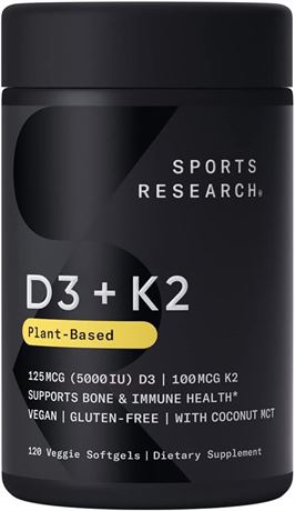 Sports Research Vitamin D3 with K2 Softgels - Plant Based K2 & Vegan 120 Count