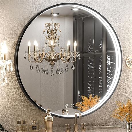 Keonjinn 32 " Black Round LED Mirror for Bathroom with Lights
