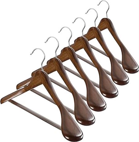 Wide Shoulder Wooden Hangers 6 Pack with Non Slip Pants B...