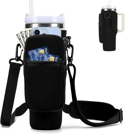 GOEWY Water Bottle Carrier Bag for Stanley 30 oz Tumbler with Phone Pocket Water Bottle Holder with Strap Neoprene Water Bottle Pouch for Stanley Cup Accessories