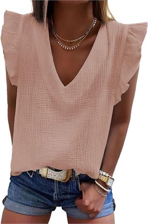 Size L, Eddoyee Women's Ruffle Sleeve V Neck Shirts Casual Summer Basic Tops