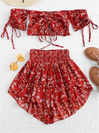 ZAFUL Women 2 Piece Off Shoulder Cropped Cami Top with Smocked Shorts Cinched