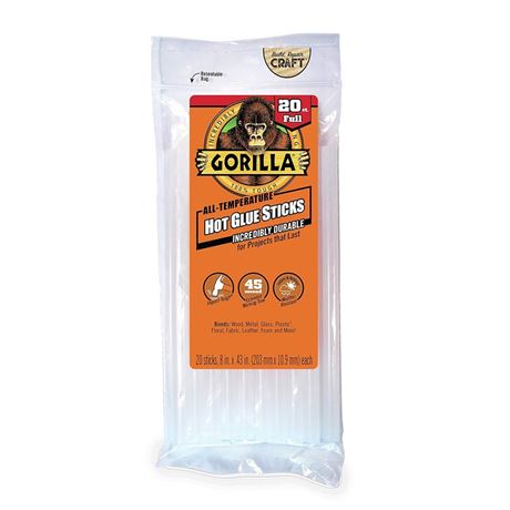 Gorilla Hot Glue Sticks, Full Size, 8" Long x .43" Diameter, 20 Count,