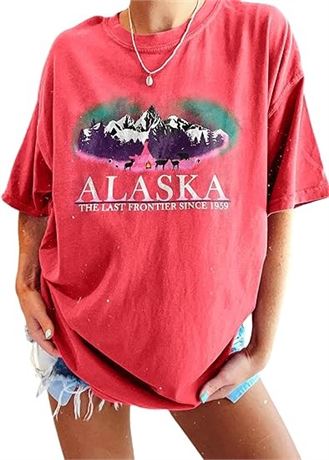 S, Women's Graphic Oversized Tee Mountain Letter Print Alaska Shirt Vintage Half
