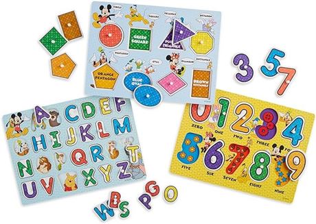 Melissa & Doug Disney Wooden Peg Puzzles Set: Letters, Numbers, and Shapes and C