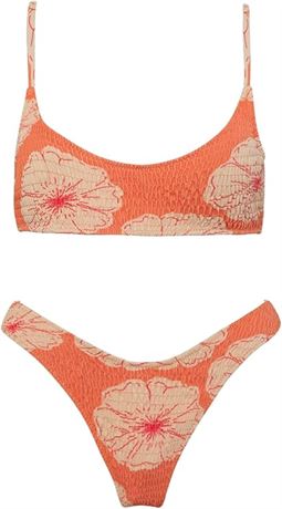SMALL - VOLAFA Women's Triangle Bikini Set Smocked Textured Scoop Frilled Print