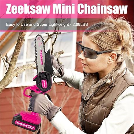 Pink Mini Chainsaw Cordless 6 inch - Electric Handheld Chainsaw Battery Pow