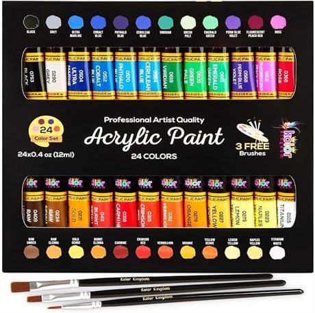 24-Color Acrylic Paint Set (12 ml) With 3 Brushes - For Canvas, Paper, Wood, Roc