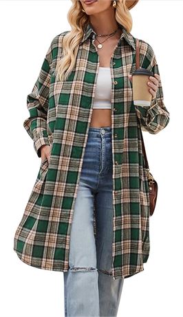 SIZE:XXL, Bozanly Oversized Mid Long Plaid Flannel Shirts for Women Lapel Long S