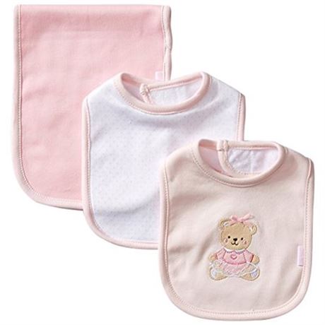 Little Me Baby Girls 3 Piece Bib and Burp Set Bear Pink/Multi One Size