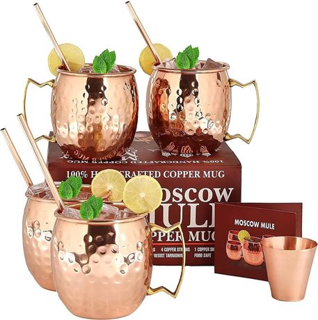 Moscow Mule Copper Mugs - Set of 4-100% Pure Solid Copper Mugs - 16 oz
