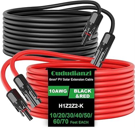 2x70 Feet - Oududianzi Solar Extension Cable, 10 AWG Solar Wire, Solar Panel Ext