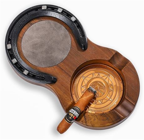Wooden Cigar Ashtray Coaster Whiskey Glass Tray & Handmade Horseshoe Design Cigar Accessories Gifts for Men Indoor Outdoor Patio Home Office Use (Brown)