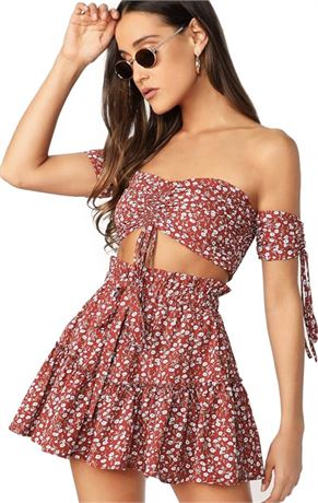 M - Red Floral - Women's Two Piece Outfit Floral Off Shoulder Drawstring Crop